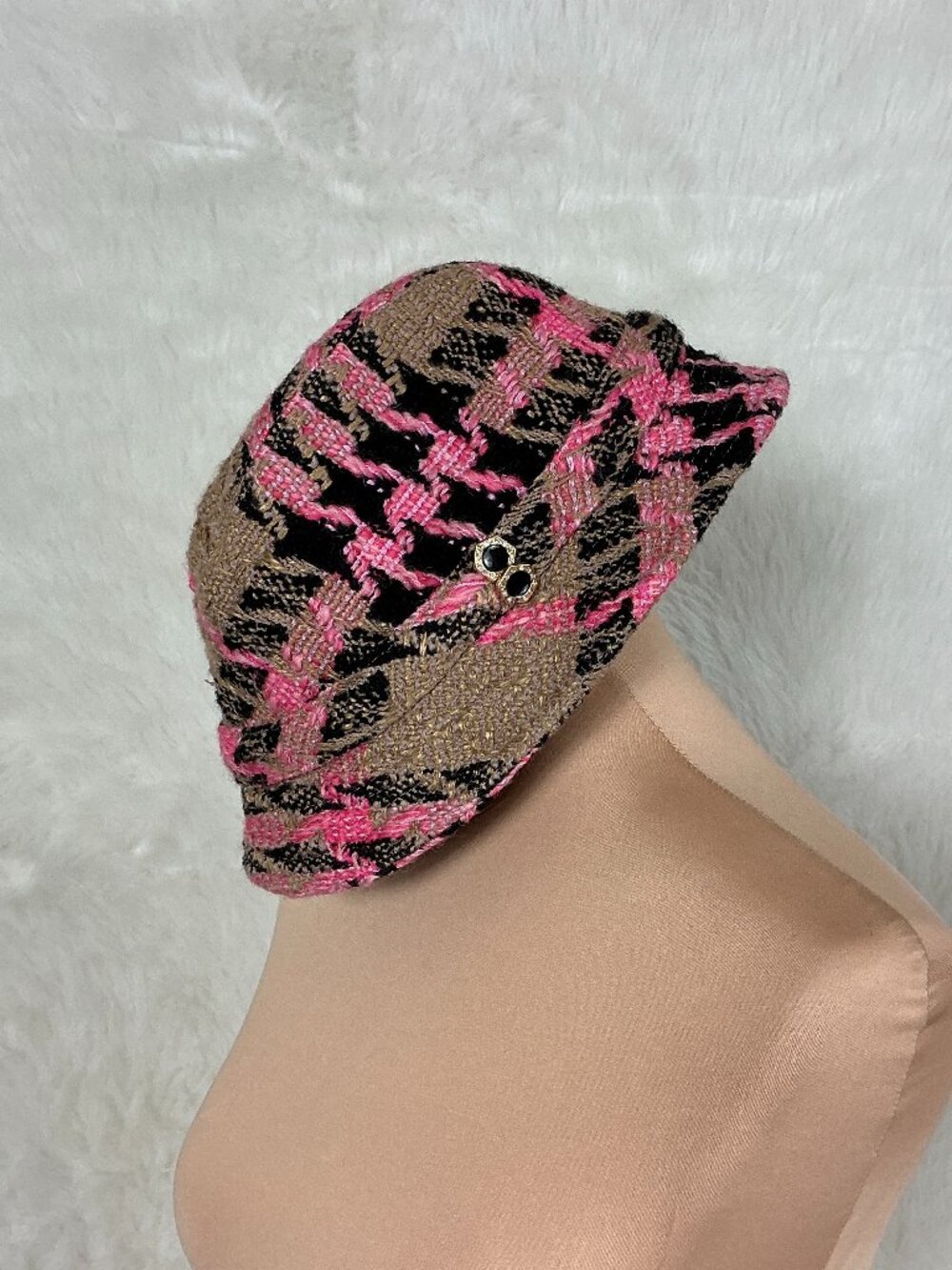 Misa Harada Millinery Wool Blend Pink Brown Black Tweed Houndstooth Bucket Hat